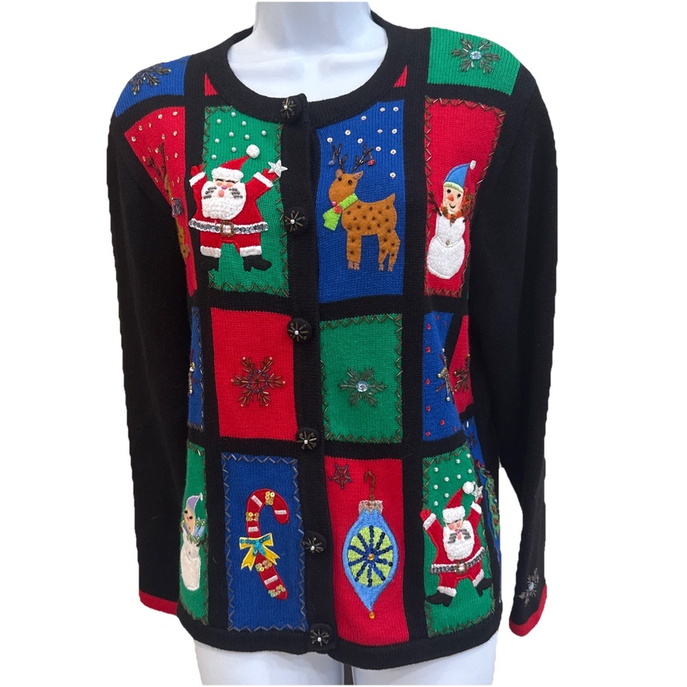 VTG Jack B Quick Size L Christmas Cardigan Ugly Sweater‎ Embellished Beaded
